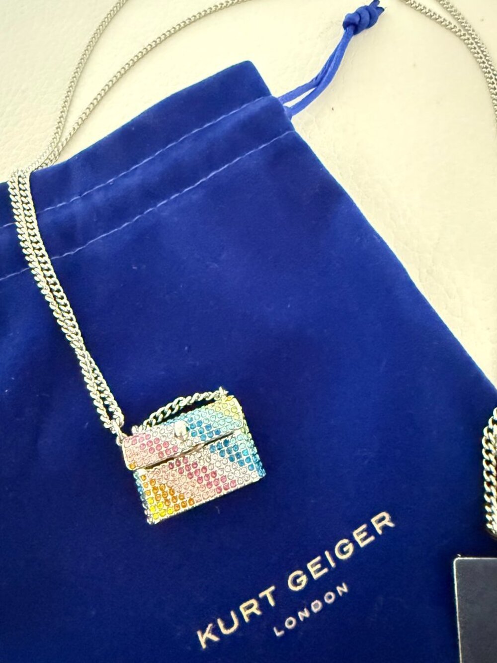 NWT KURT GEIGER Rainbow Crystals Silver Tone Kensington Mini Bag Long Necklace